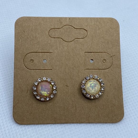 💛 Gold Tone Faux Opal & CZ Earrings - Picture 2 of 3